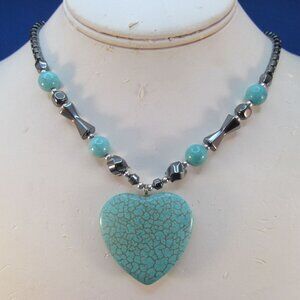 Turquoise Howlite Heart Hematite Gemstone Necklace
